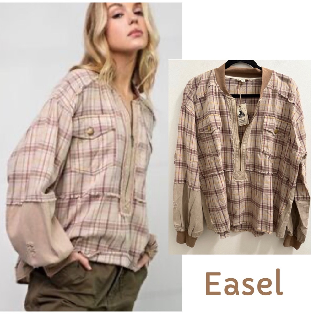 Easel NWT Distressed Mixed Media Khaki Plaid Zip up Pockets Pullover Sz Small